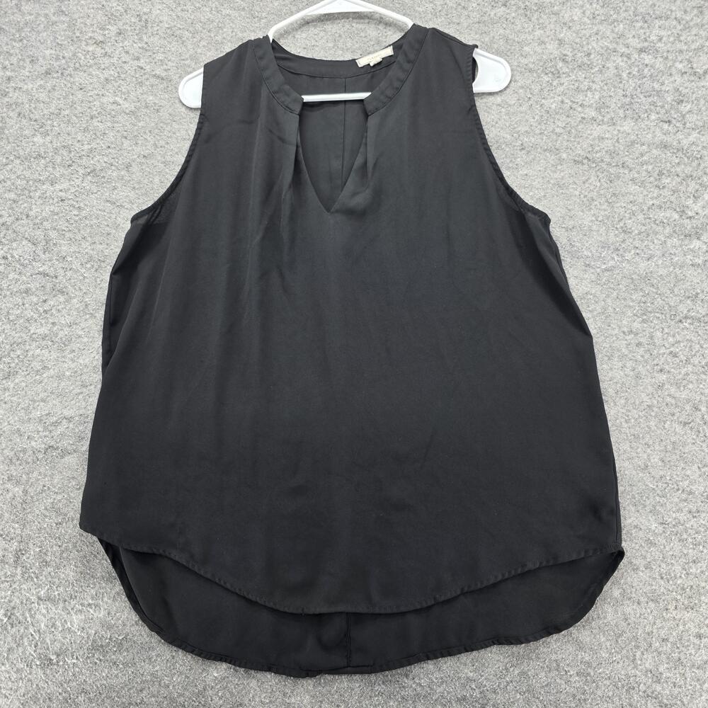 Pleione Shirt Womens XL Black Sleeveless Split Neck Blouse Curved Hem Back Pleat